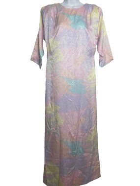 Vintage 80s David Brown Caftan Maxi Dress Size M Multi Pastel Satin Snake Print